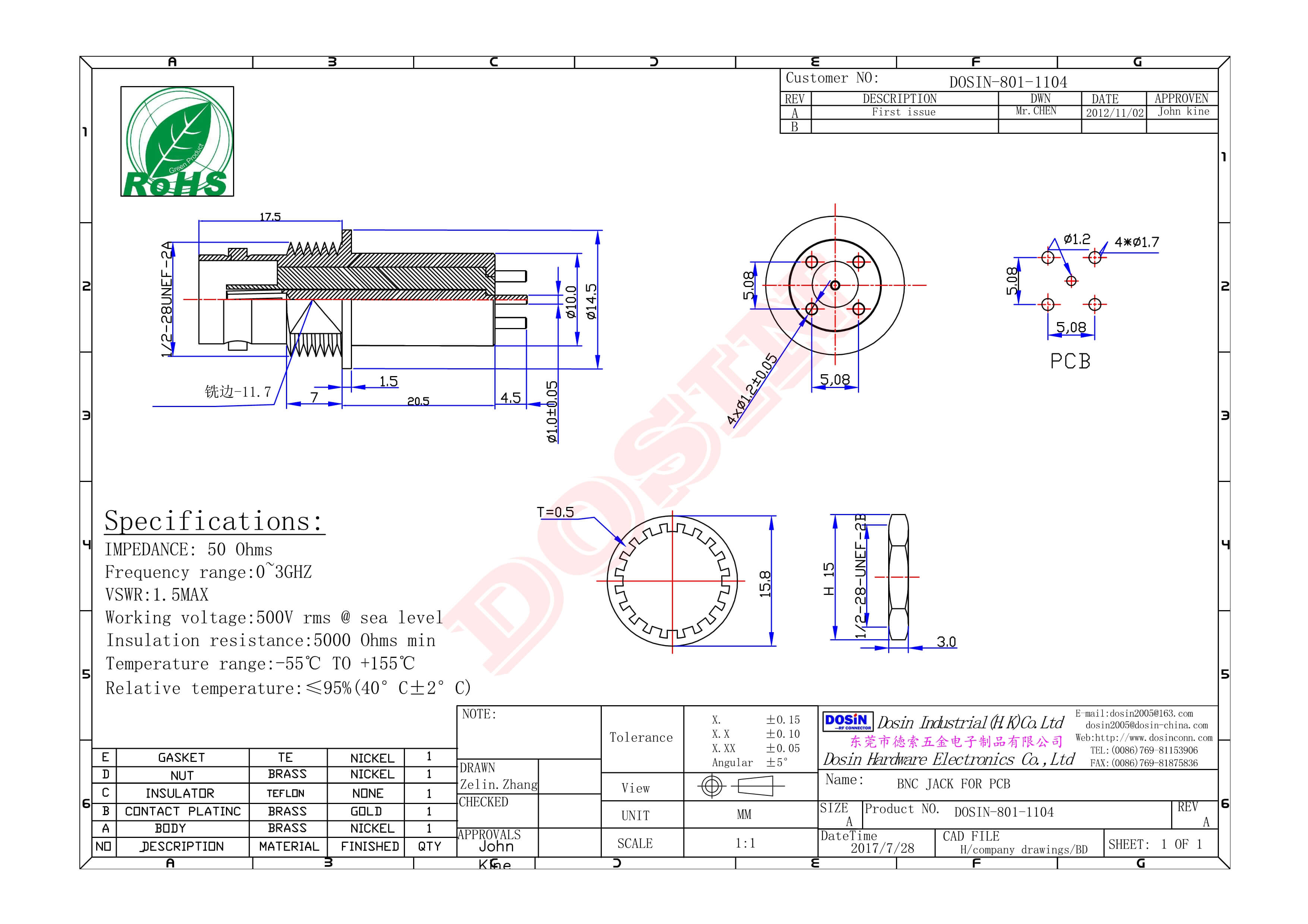 bnc公頭連接器直式180度公針壓接式接同軸線纜