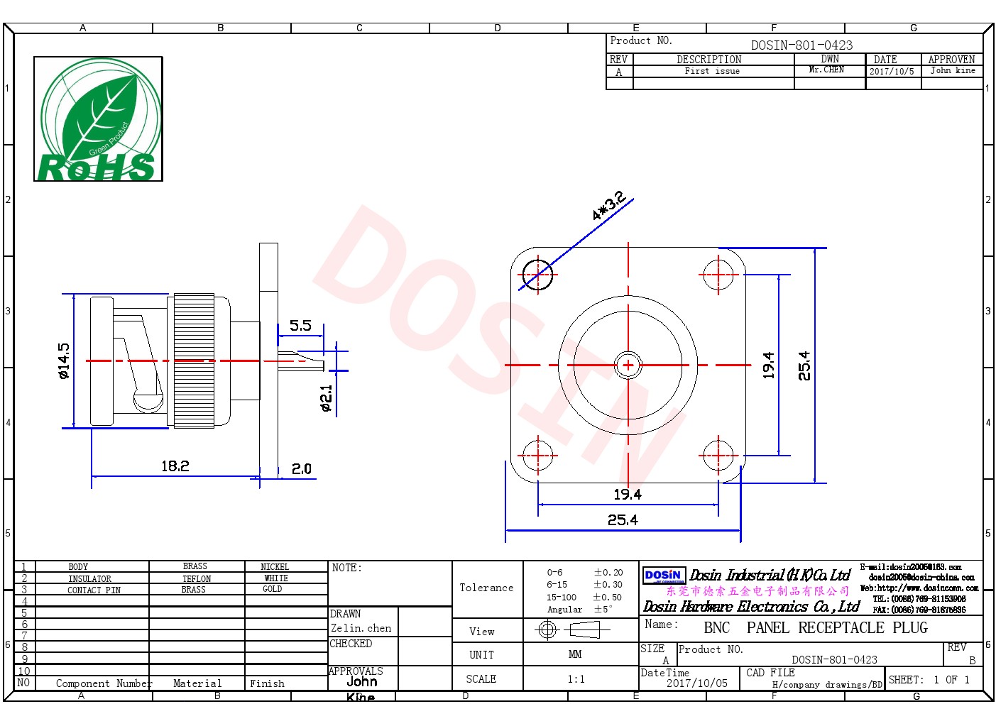 bnc四孔法蘭接頭直式公頭焊接式接線